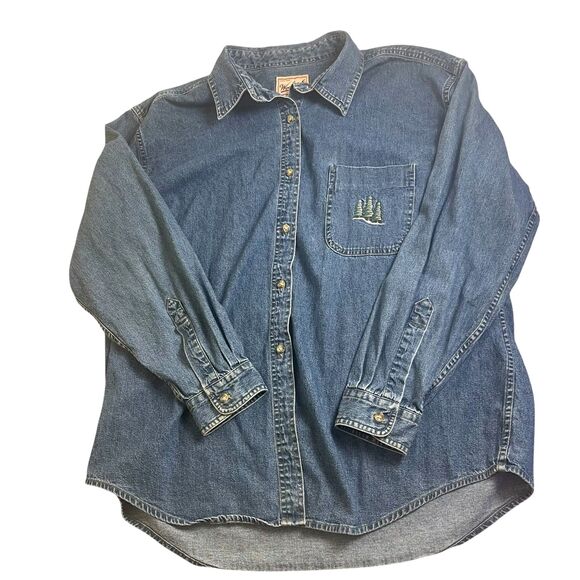 Woolrich Womens VTG Embroidered Denim Jean Shirt XL Medium Blue Trees Winter - Picture 3 of 16